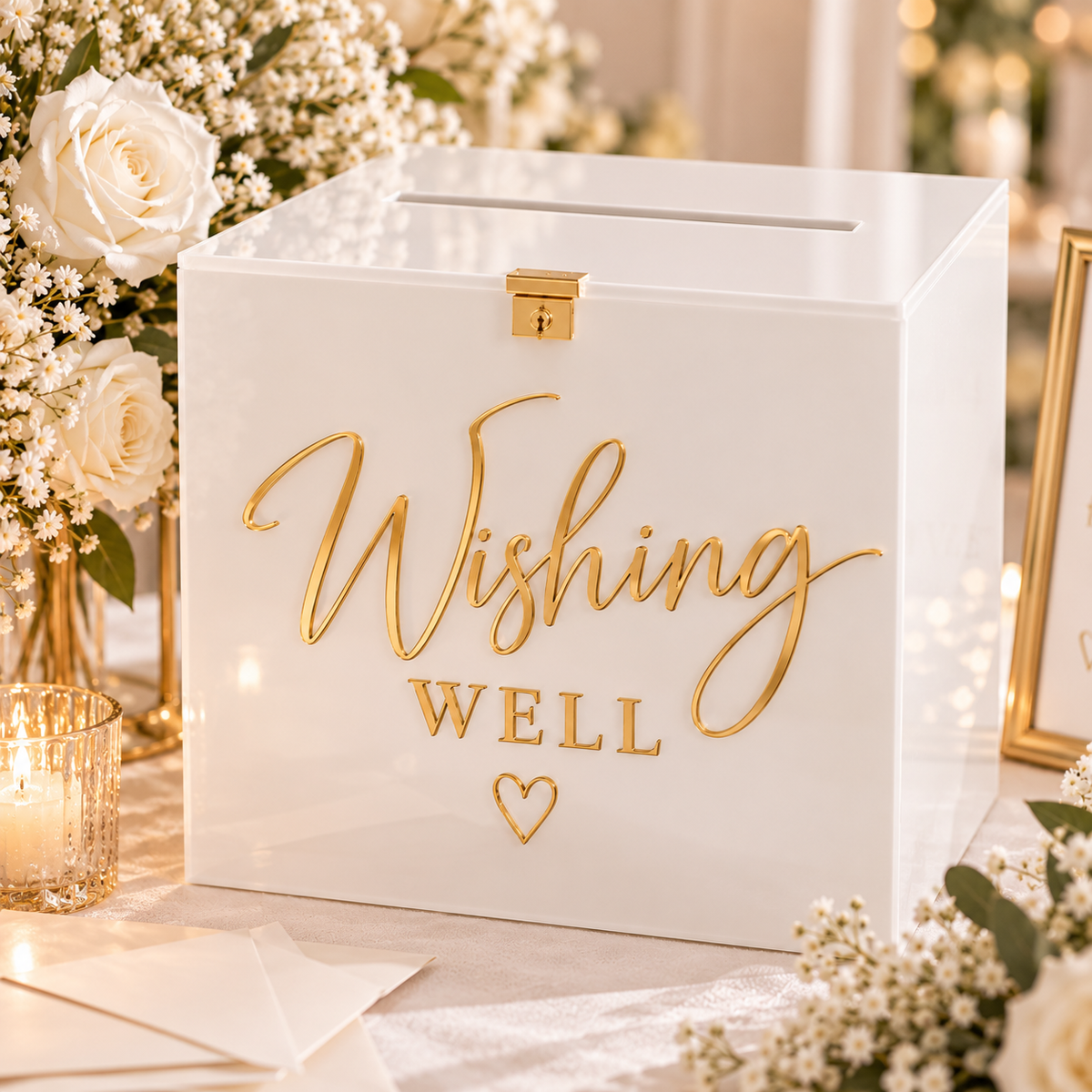 A white acrylic wedding reception ballot box with gold foil lettering that reads 'Wishing WELL' and a small heart, styled on a table with flowers, candles, and soft lighting.